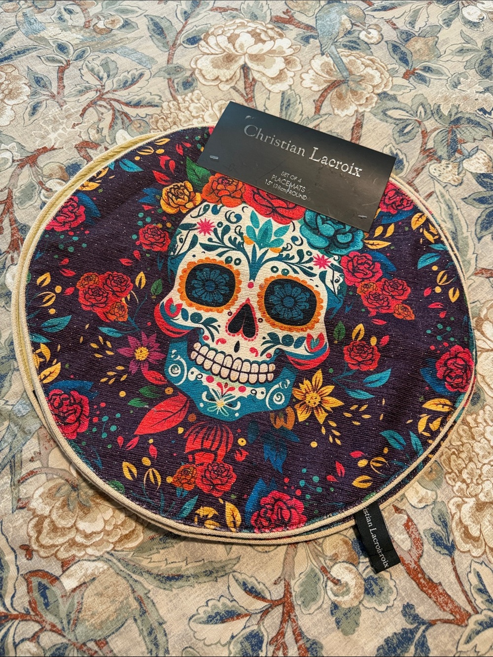 Christian Lacroix Navy Multicolor Floral Sugar Skull placemats.